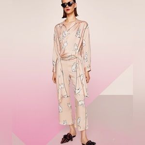 Zara Cat Print Blouse and Pants Set